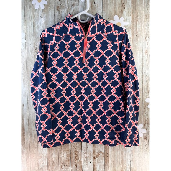Mudpie Womens Sweatshirt Sz M Navy Coral Pink Diamond 1/4 Zip Mock Neck Pullover - Picture 1 of 7